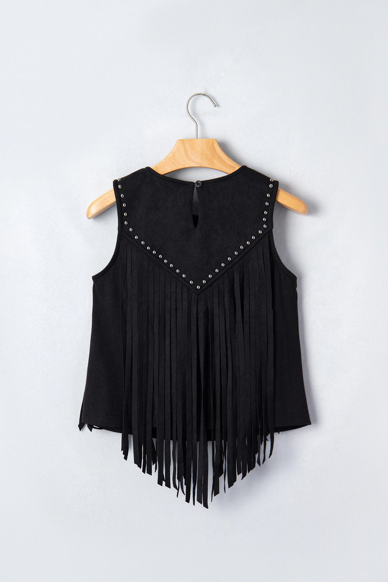 Load image into Gallery viewer, DLLS671 - Ladies Black Button Keyhole Stud Tassel Detail Sleeveless Top
