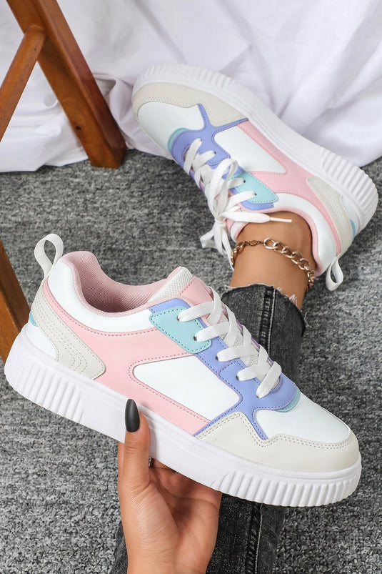 DLLSHOE 167 - Light Pink Color Block Stitched PU Leather Lace-Up Casual Sneakers