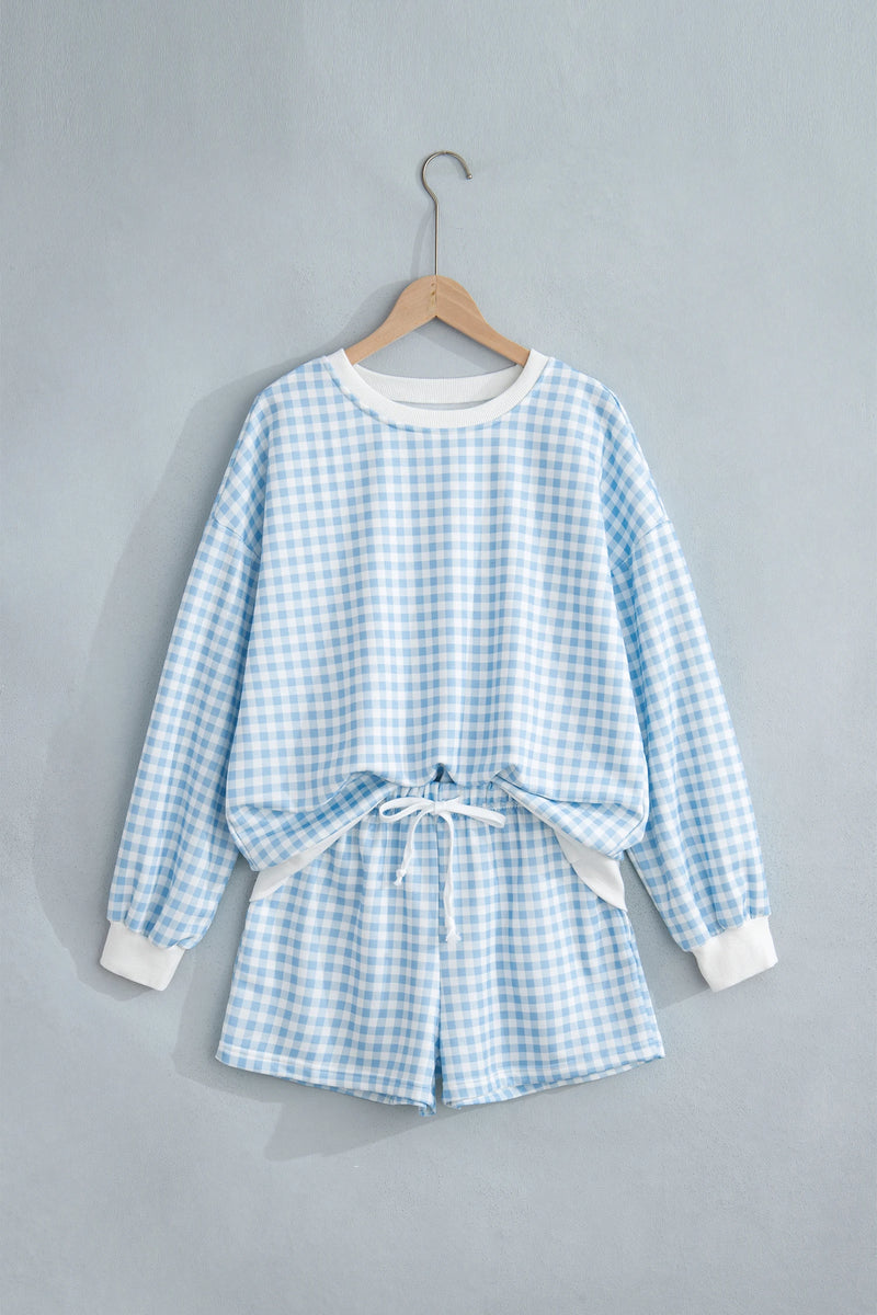 Load image into Gallery viewer, DLLS1081 - Ladies Sky Blue Plaid Baggy Pullover Drawstring Casual Shorts 2pcs Outfit
