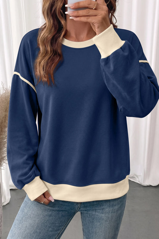 DLLS1125 - Ladies Navy Blue Colorblock Drop Shoulder Pullover Sweatshirt