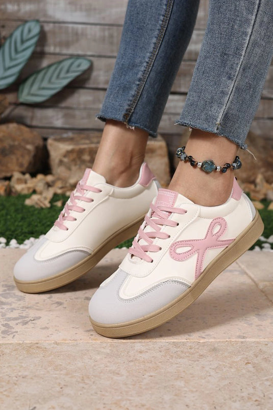 DLLSHOE 12 - Pink Cute Bow Patch Color Block PU Leather Sneakers