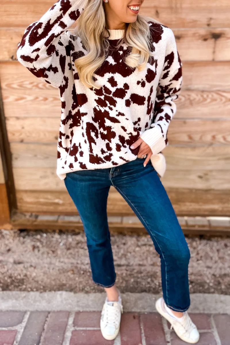 Load image into Gallery viewer, DLLS1024 - Ladies Brown Cow Pattern Long Sleeve Round Neck Pullover Knitwear Sweater
