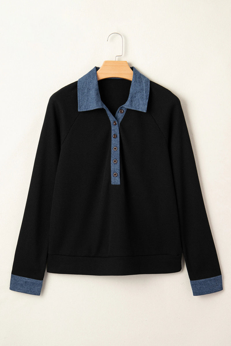 Load image into Gallery viewer, DLLS930 - Ladies Black Textured Knit Denim Patchwork Button Polo Collar Long Sleeve Top
