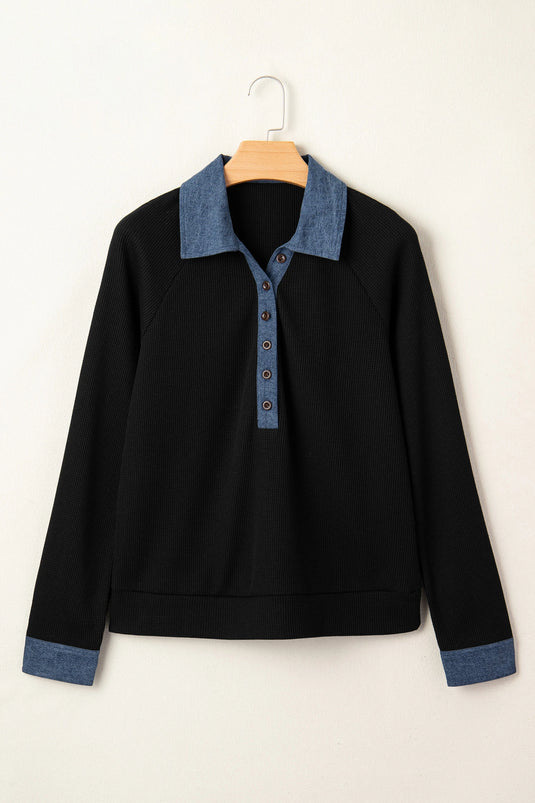 DLLS930 - Ladies Black Textured Knit Denim Patchwork Button Polo Collar Long Sleeve Top