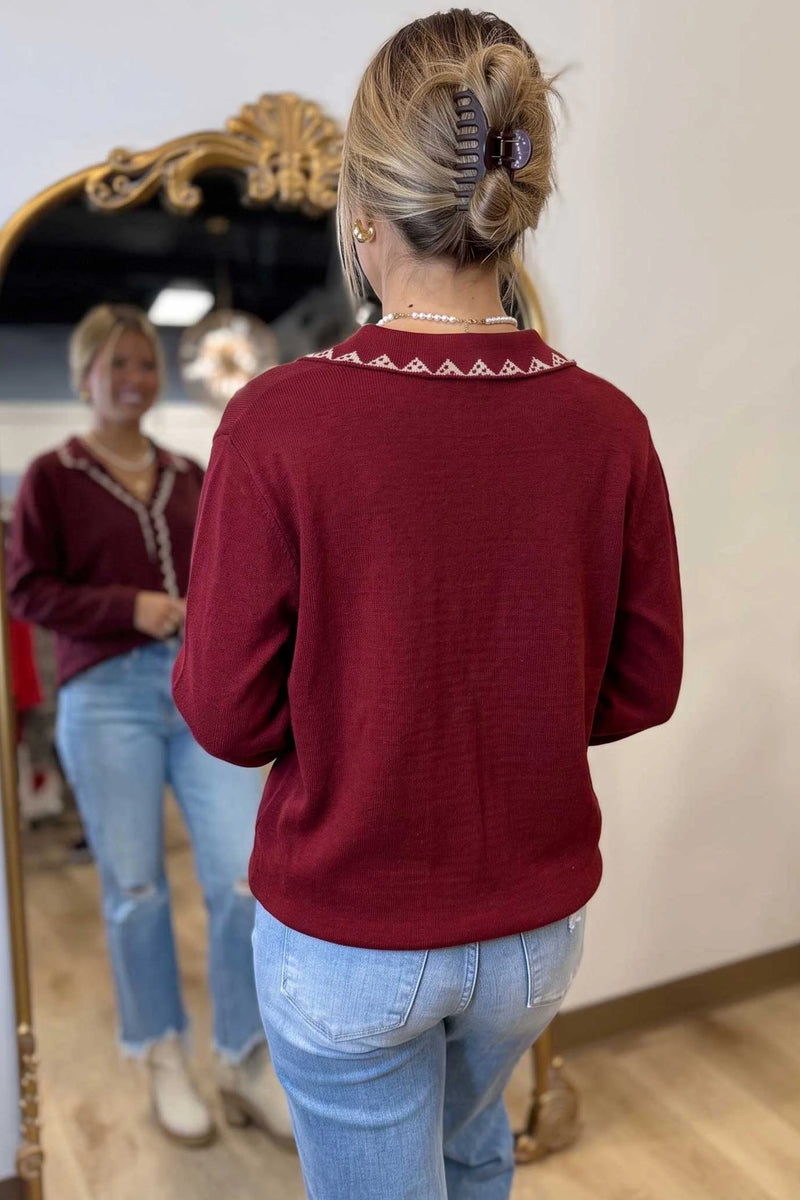Load image into Gallery viewer, DLLS1009 - Ladies Burgundy Bow Pocket Collar Long Sleeve Knit Cardigan
