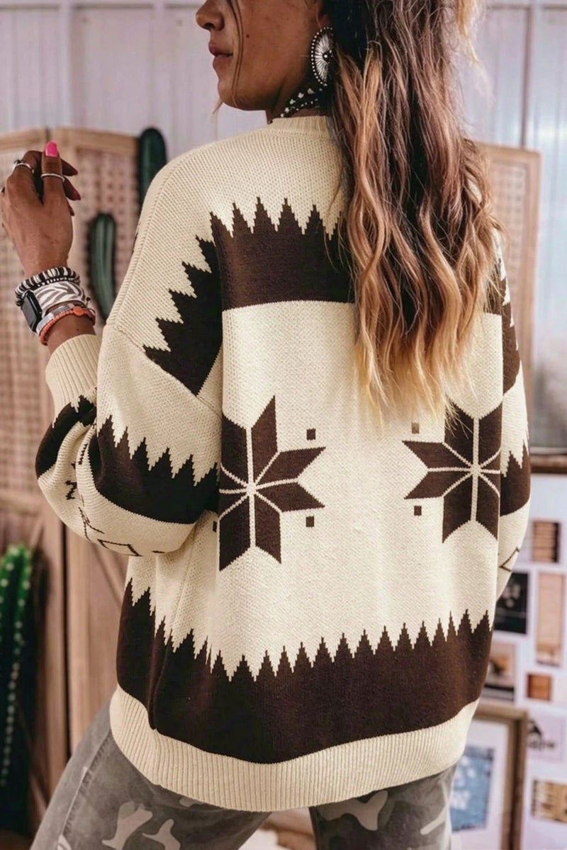 Load image into Gallery viewer, DLLS1033 - Ladies Beige Western Geometric Print Zip Front Loose Sweater Cardigan
