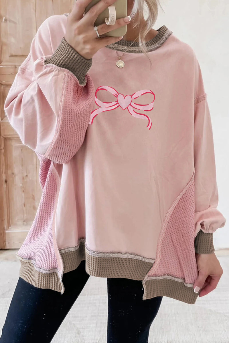 Load image into Gallery viewer, DLLS316 - Ladies Light Pink Heart Bow Embroidered Exposed Seam Waffled Patchwork Sweatshirt
