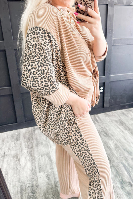 DLLS970 - Ladies Leopard Print Twisted Ribbed Long Sleeve Top Loose Pant Set