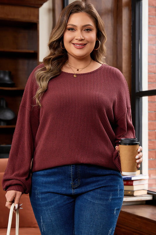 DLLS238 - Ladies Wild Ginger Plus Size Ribbed Button Decor Long Sleeve Loose Top