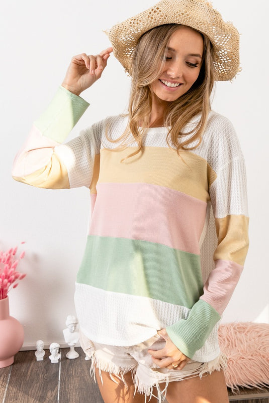 BIBI5- Ladies Thermal Color Block Waffle Crew Neck Top