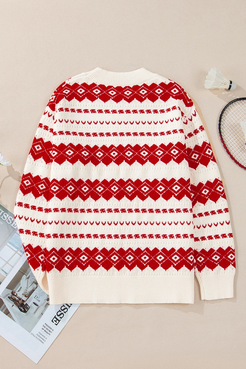 Load image into Gallery viewer, DLLS745 - Ladies White Western Geometric Patterned Crew Neck Loose Sweater
