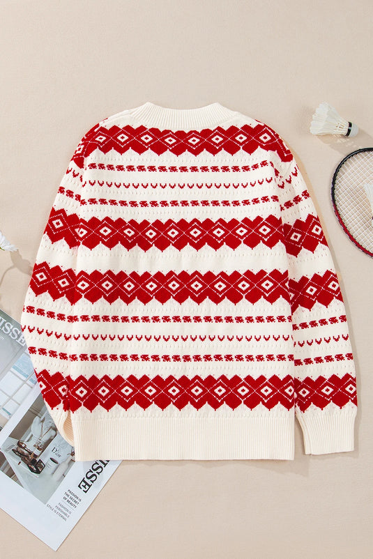 DLLS745 - Ladies White Western Geometric Patterned Crew Neck Loose Sweater