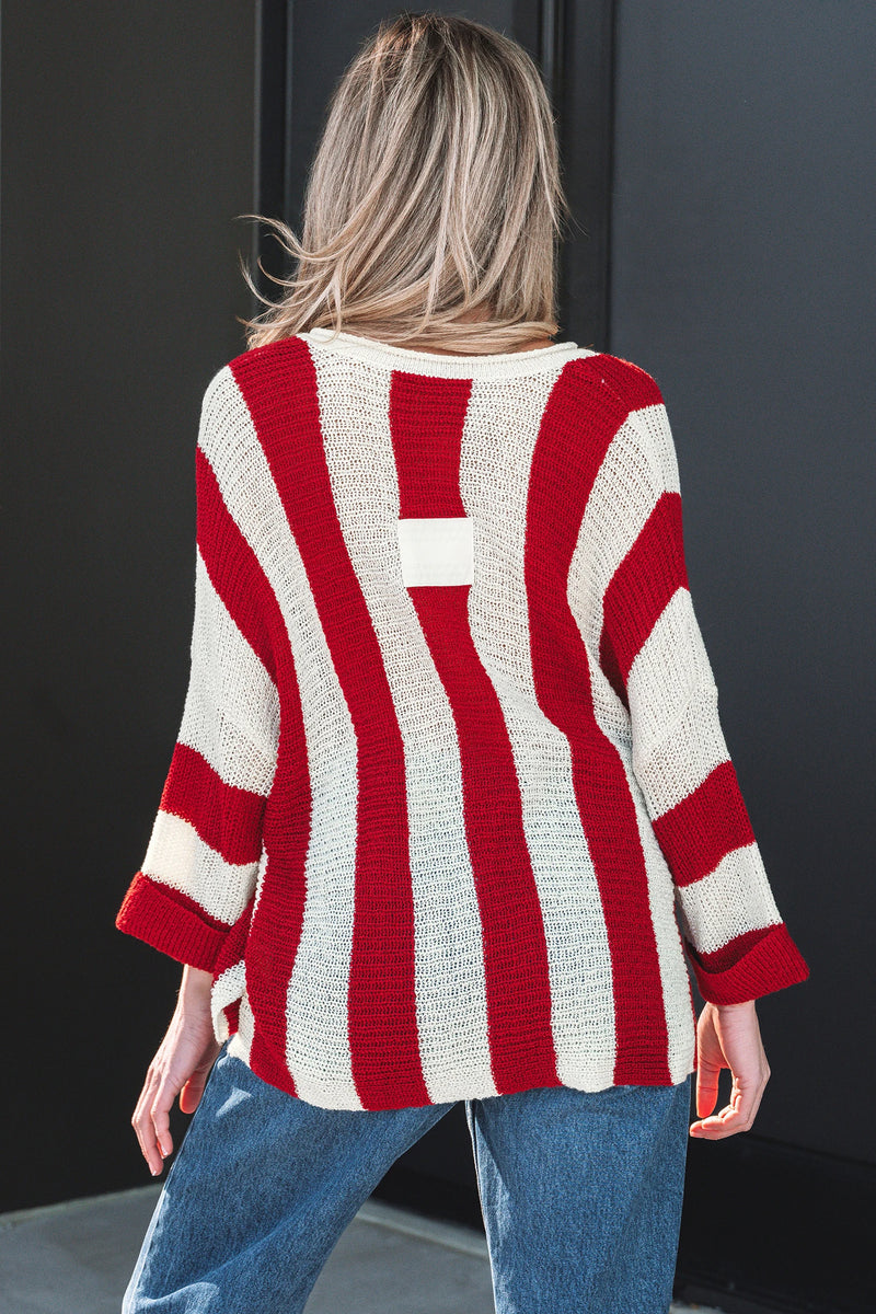 Load image into Gallery viewer, DLLS414 - Ladies Red Stripe Colorblock V Neck Bracelet Sleeve Sweater
