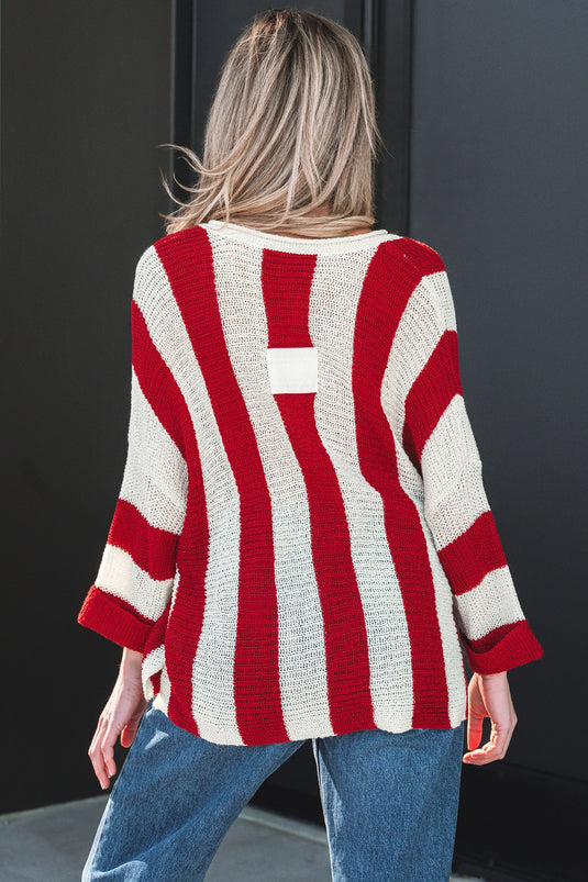 DLLS414 - Ladies Red Stripe Colorblock V Neck Bracelet Sleeve Sweater