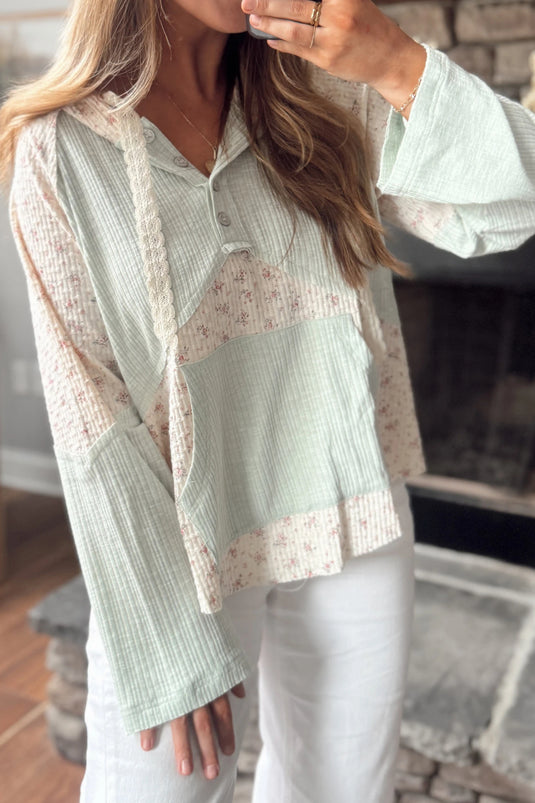 DLLS955 - Ladies Clearly Aqua Textured Floral Patchwork Button Hooded Long Sleeve Top