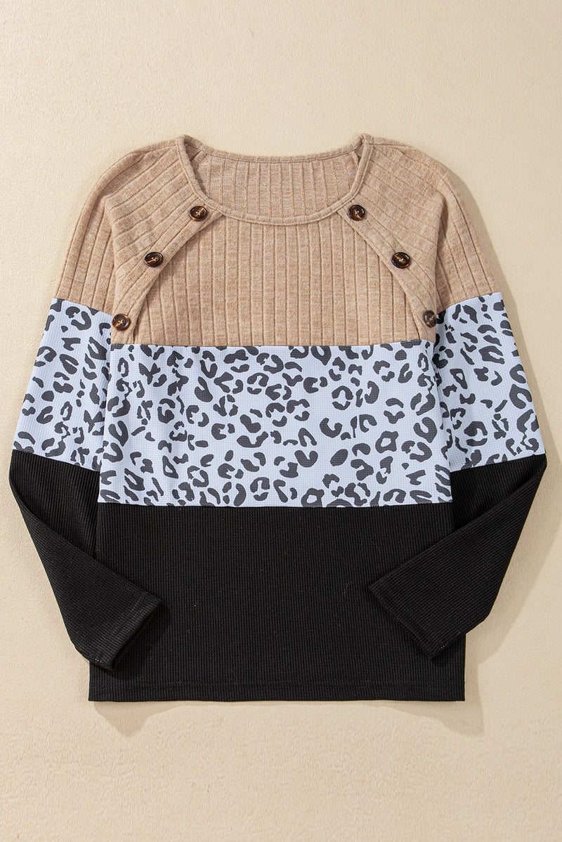 Load image into Gallery viewer, DLLS318 - Ladies Black Cheetah Textured Patchwork Buttoned Round Neck T Shirt
