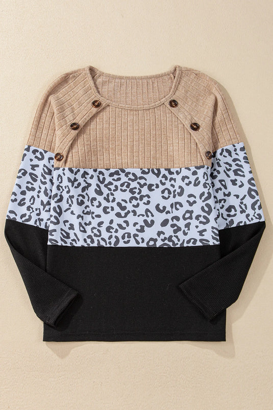 DLLS318 - Ladies Black Cheetah Textured Patchwork Buttoned Round Neck T Shirt