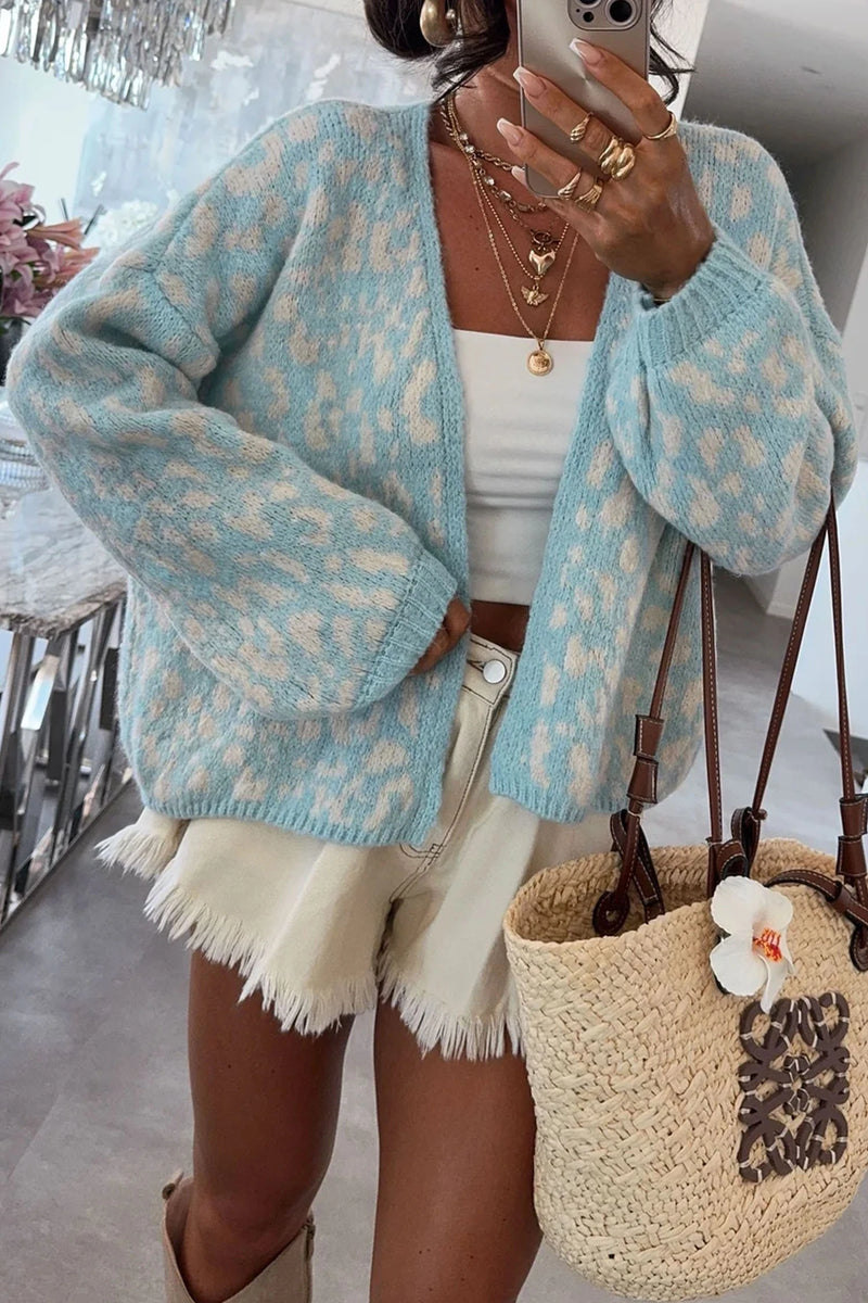 Load image into Gallery viewer, DLLS861 - Ladies Light Blue Leopard Print V Neck Long Sleeve Loose Fit Knit Cardigan
