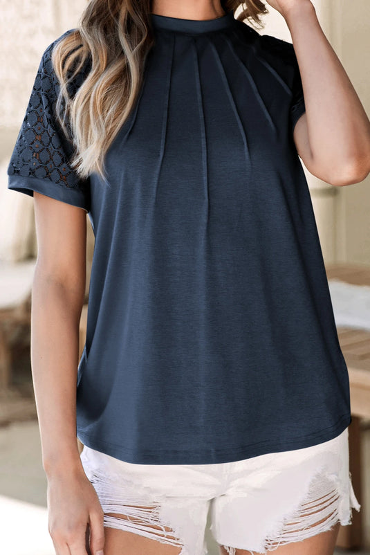 DLLS535 - Ladies Navy Blue Seamed Detail Contrast Lace Raglan Sleeve Tee