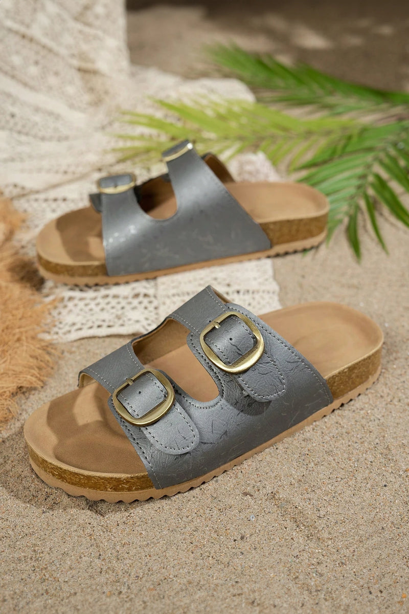 Load image into Gallery viewer, DLLSHOE 102 - Ashleigh Blue Metallic Detail Retro Double Buckle Hollowed Slippers

