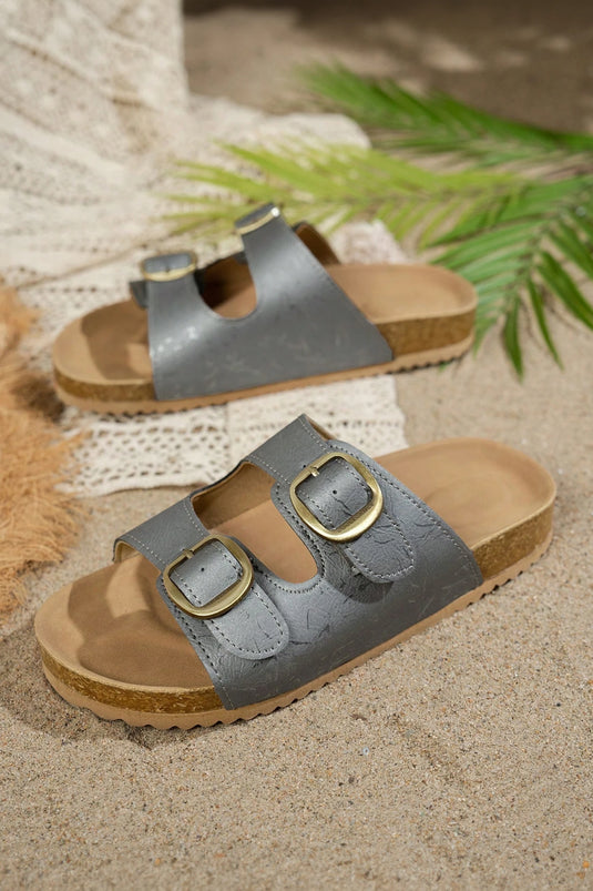 DLLSHOE 102 - Ashleigh Blue Metallic Detail Retro Double Buckle Hollowed Slippers
