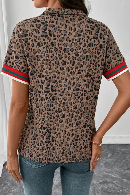 DLLS944 - Ladies Brown Leopard Jacquard Striped Patchwork Half Zip Short Sleeve Blouse