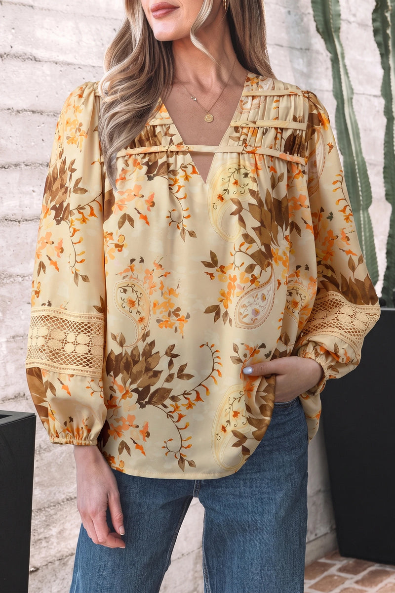 Load image into Gallery viewer, DLLS817 - Ladies Khaki Paisley Print Decorative Binding Tape V Neck Shift Blouse
