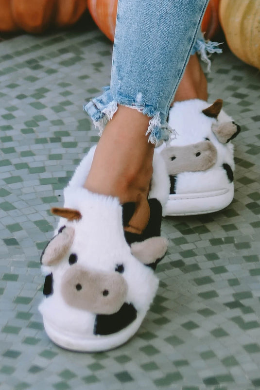 DLLSHOE 127 - White Cartoon Animal Cow Plush Slippers