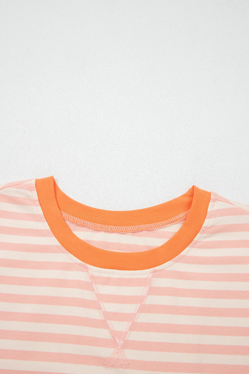 Load image into Gallery viewer, DLLS701 - Ladies Pink Stripe Contrast Neck Loose Tee and Drawstring Shorts Set
