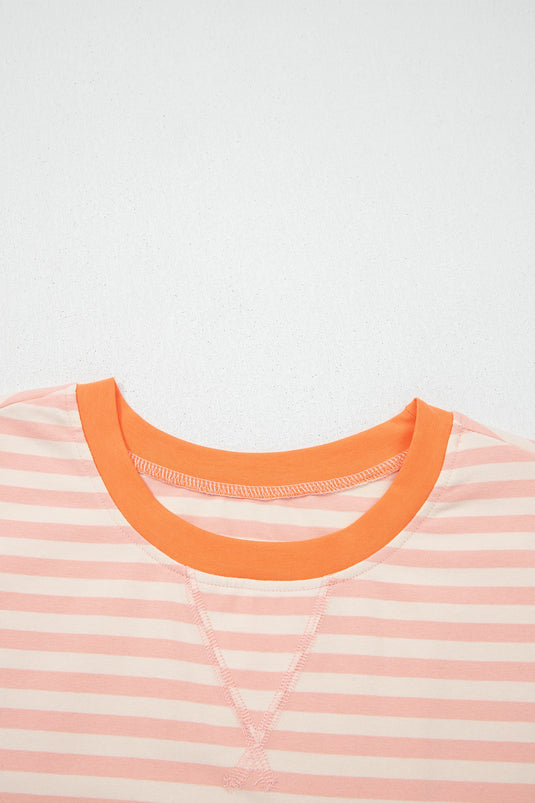DLLS701 - Ladies Pink Stripe Contrast Neck Loose Tee and Drawstring Shorts Set
