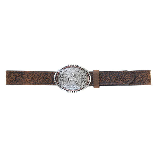 Load image into Gallery viewer, BLT214- 1 1/2" Tooled Buckin’ Bronc Rider Buckle Belt
