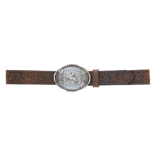 BLT214- 1 1/2" Tooled Buckin’ Bronc Rider Buckle Belt