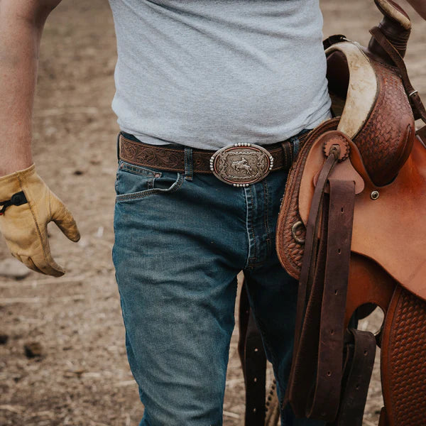 Load image into Gallery viewer, BLT214- 1 1/2" Tooled Buckin’ Bronc Rider Buckle Belt
