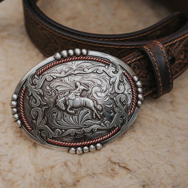 Load image into Gallery viewer, BLT214- 1 1/2" Tooled Buckin’ Bronc Rider Buckle Belt
