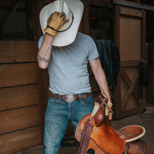 BLT214- 1 1/2" Tooled Buckin’ Bronc Rider Buckle Belt
