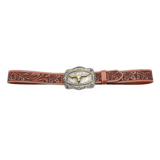 BLT242 - 1 1/2" Veg Tooled with Longhorn Buckle Belt