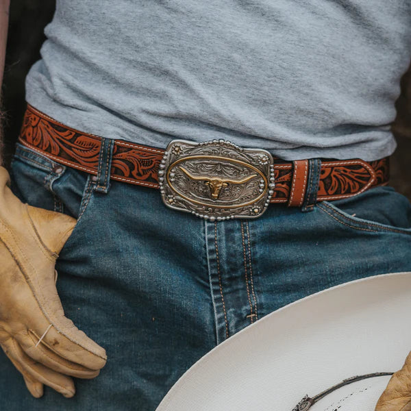 Load image into Gallery viewer, BLT242 - 1 1/2" Veg Tooled with Longhorn Buckle Belt
