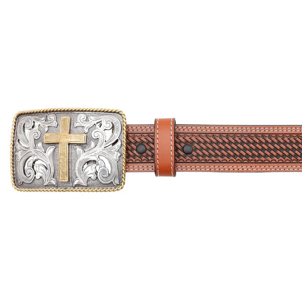 Load image into Gallery viewer, BLT267 - 1 1/2" Cross with Rope Edge Border Buckle Belt
