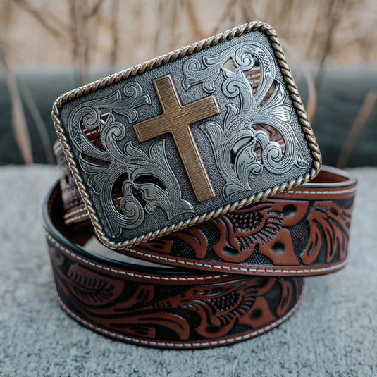 BLT267 - 1 1/2" Cross with Rope Edge Border Buckle Belt