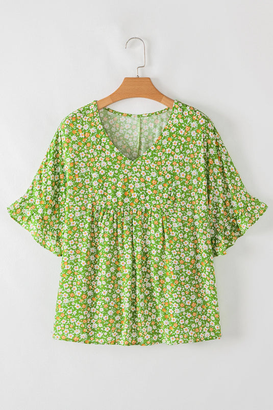 DLLS562 - Ladies Green Floral Print Ruffle Sleeve V Neck Blouse Top