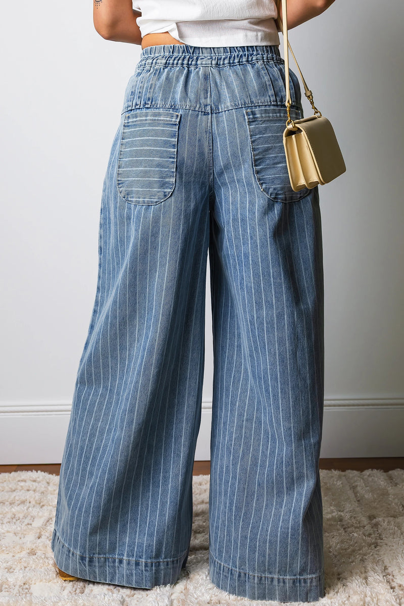 Load image into Gallery viewer, DLLS1002 - Ladies Sky Blue Stripe Button Pleated Drawstring Waist Casual Wide Leg Jeans
