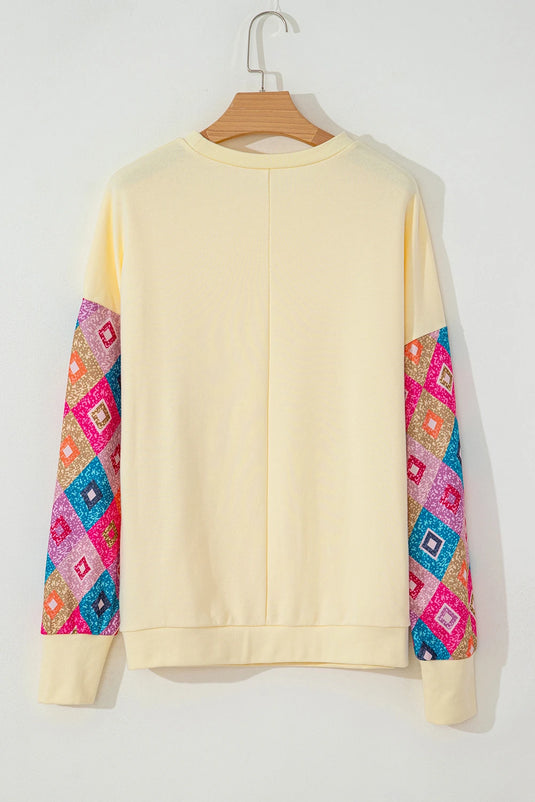 DLLS144 - Ladies Apricot Geometric Printed Patchwork Long Sleeve Round Neck Top