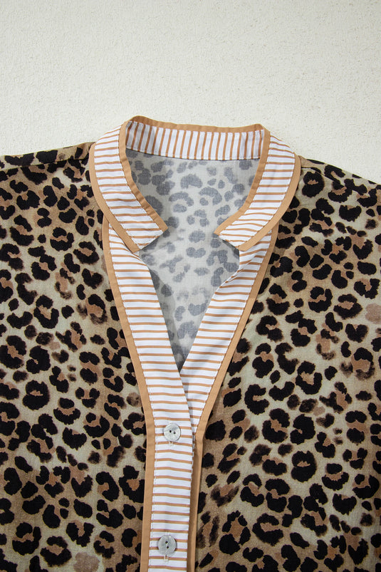 DLLS356 - Ladies Khaki Contrast Striped Trim V Neck Leopard Shirt