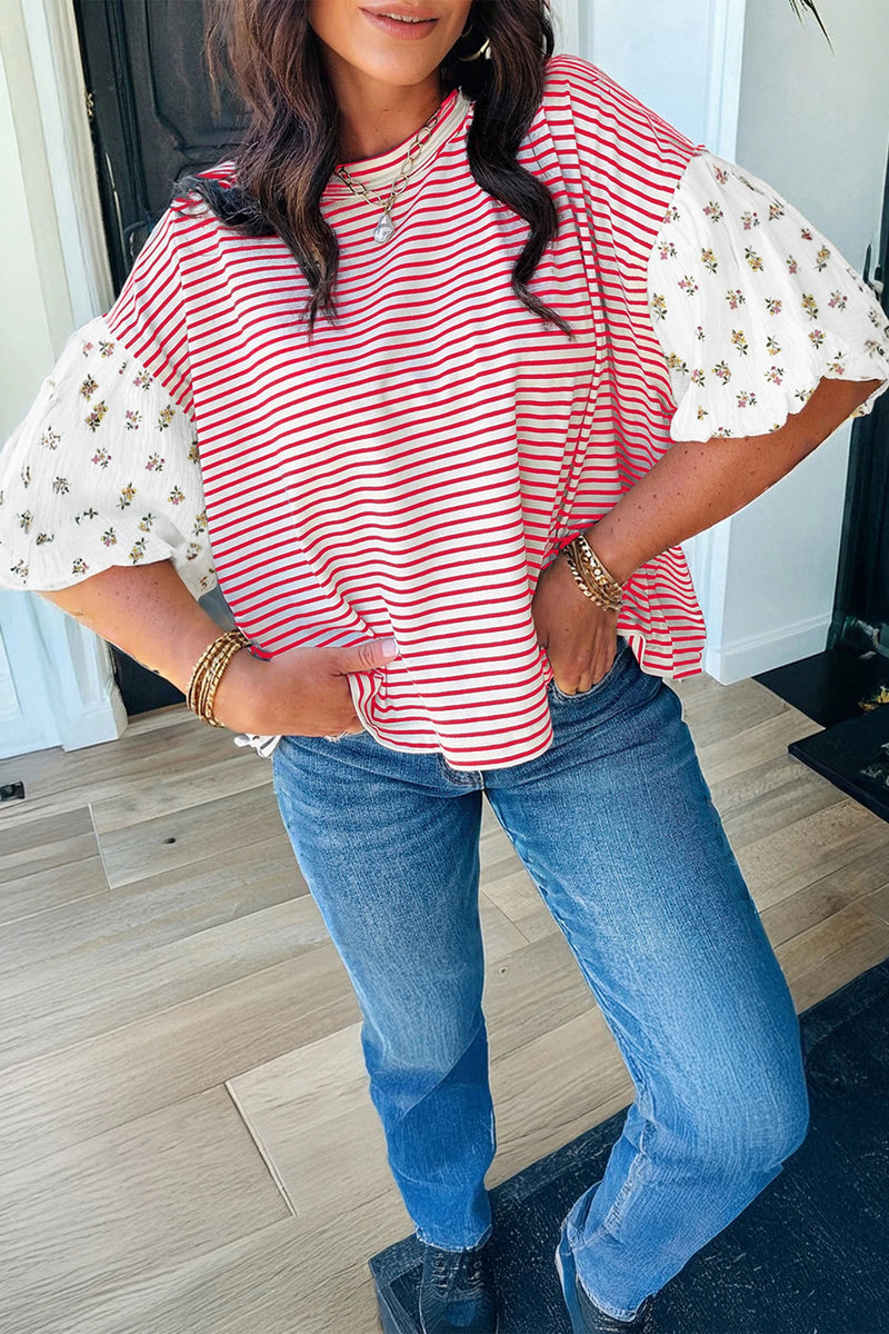 Load image into Gallery viewer, DLLS558 - Ladies Red Stripe Floral Puff Sleeve Patchwork Round Neck Loose Top
