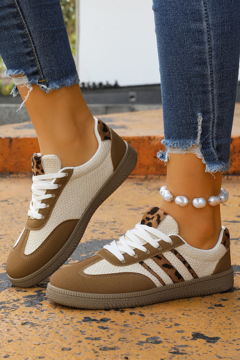 Load image into Gallery viewer, DLLSHOE 47 - Coffee Color Block Leopard Patchwork Lace-Up Flat Shoes
