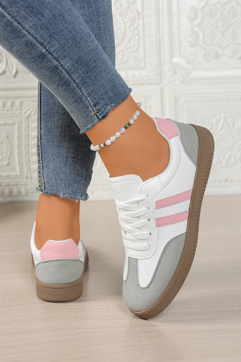 Load image into Gallery viewer, DLLSHOE 142 - Pink Color Block PU Leather Patchwork Lace Up Flat Shoes
