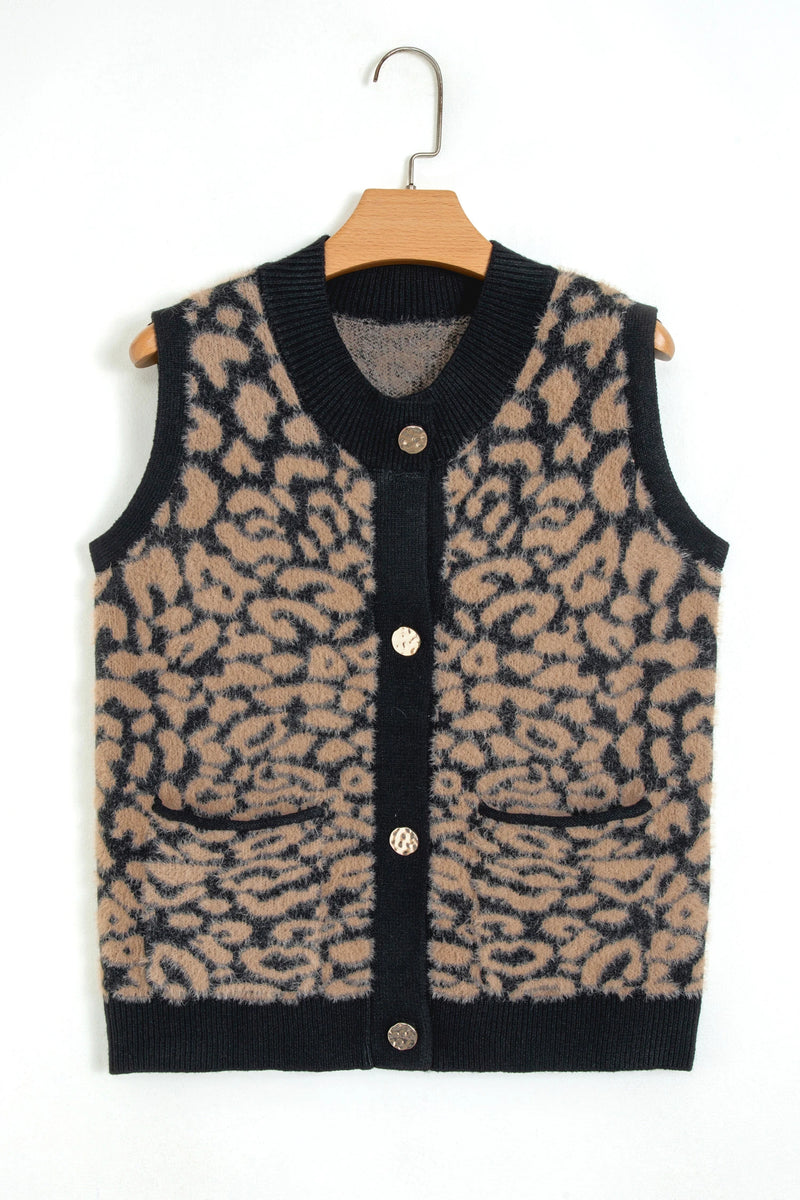 Load image into Gallery viewer, DLLS795 - Ladies Black Leopard Print Knit Sleeveless Regular Wash Sweater Vest
