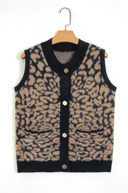 DLLS795 - Ladies Black Leopard Print Knit Sleeveless Regular Wash Sweater Vest