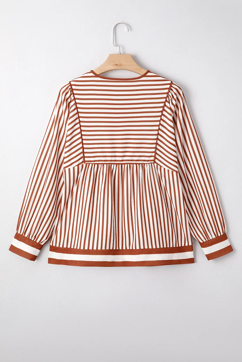Load image into Gallery viewer, DLLS309 - Ladies Brown Stripe Babydoll Long Sleeve Blouse
