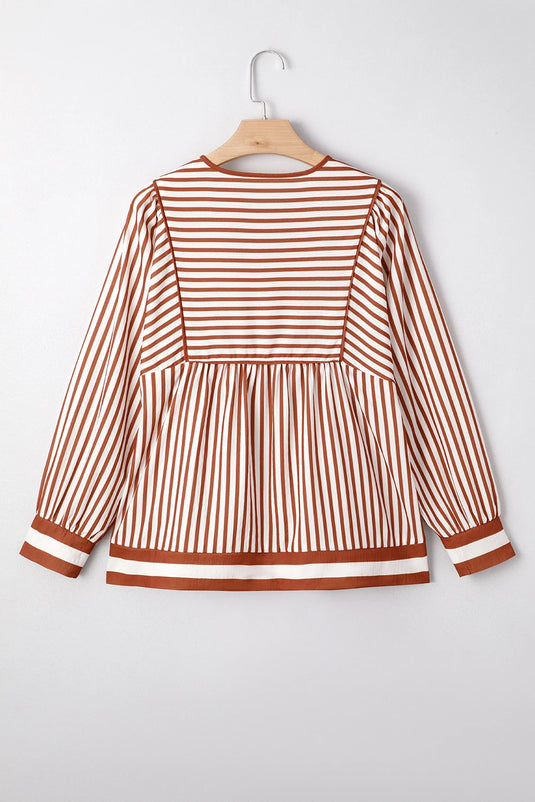 DLLS309 - Ladies Brown Stripe Babydoll Long Sleeve Blouse